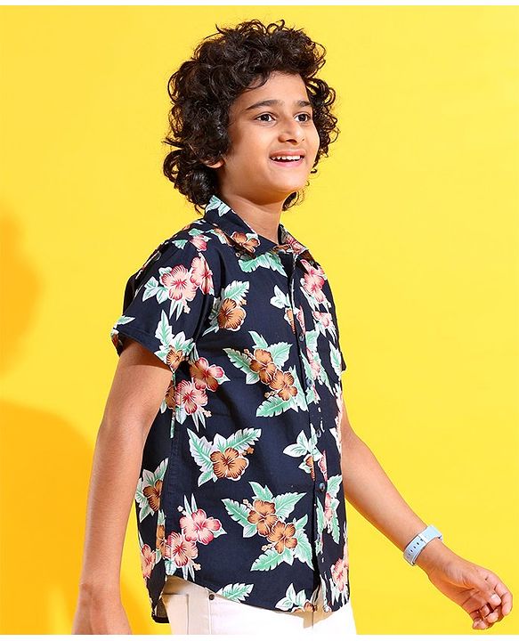 Pine Kids Cotton Woven Half Sleeves Shirt Floral Printed - Navy Blue