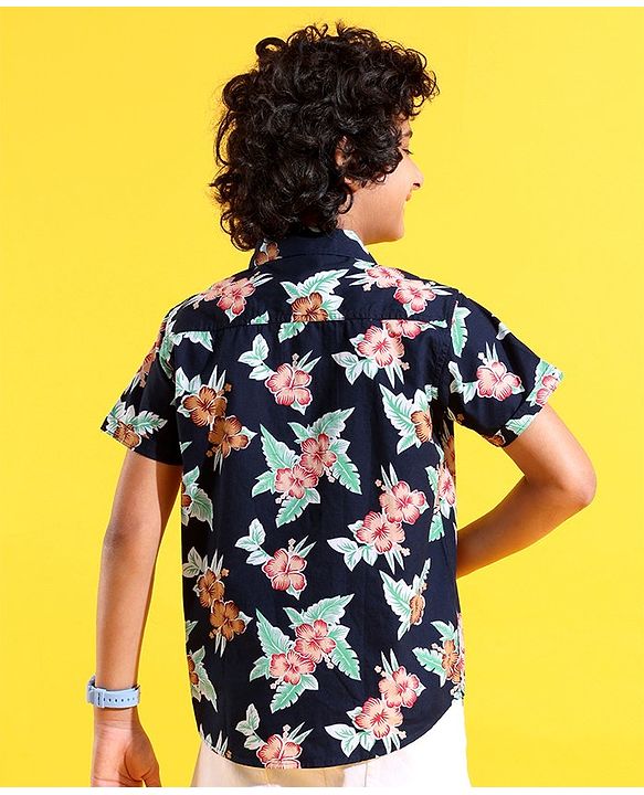 Pine Kids Cotton Woven Half Sleeves Shirt Floral Printed - Navy Blue