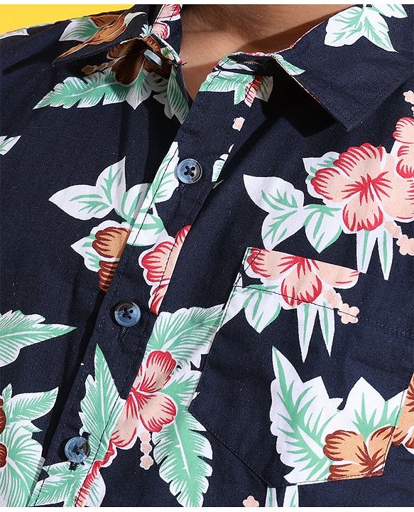 Pine Kids Cotton Woven Half Sleeves Shirt Floral Printed - Navy Blue
