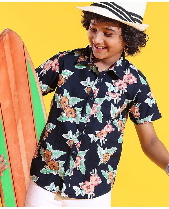 Pine Kids Cotton Woven Half Sleeves Shirt Floral Printed - Navy Blue