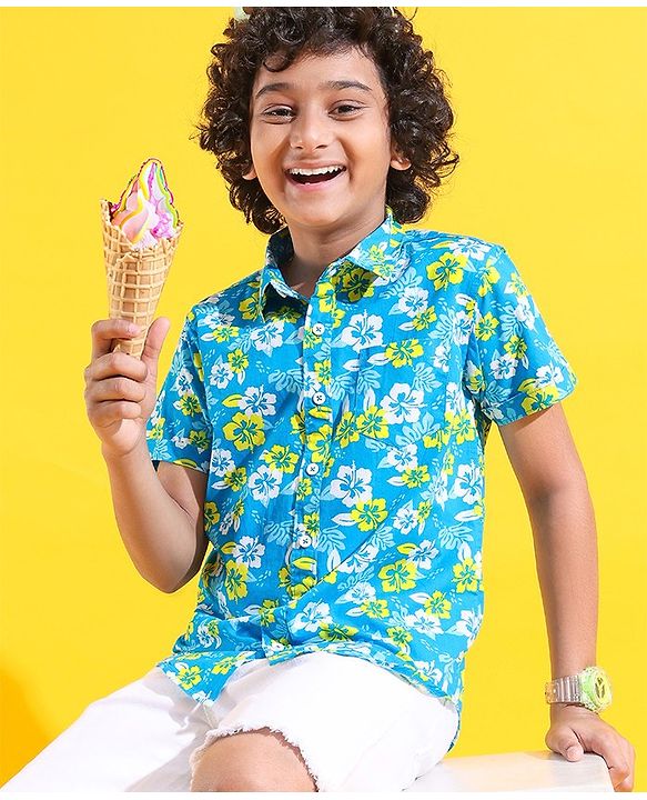 Pine Kids Cotton Woven Half Sleeves Shirt Floral Printed - Blue