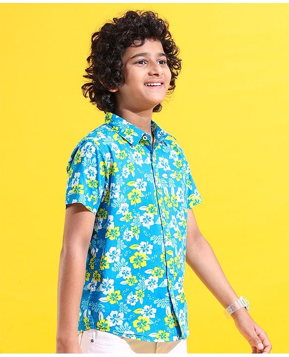 Pine Kids Cotton Woven Half Sleeves Shirt Floral Printed - Blue