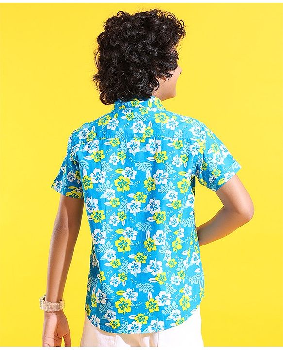 Pine Kids Cotton Woven Half Sleeves Shirt Floral Printed - Blue