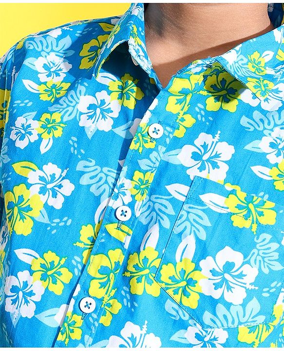 Pine Kids Cotton Woven Half Sleeves Shirt Floral Printed - Blue