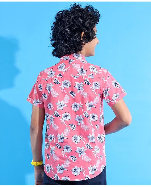 Pine Kids Cotton Half Sleeves Shirt Floral Print - Pink