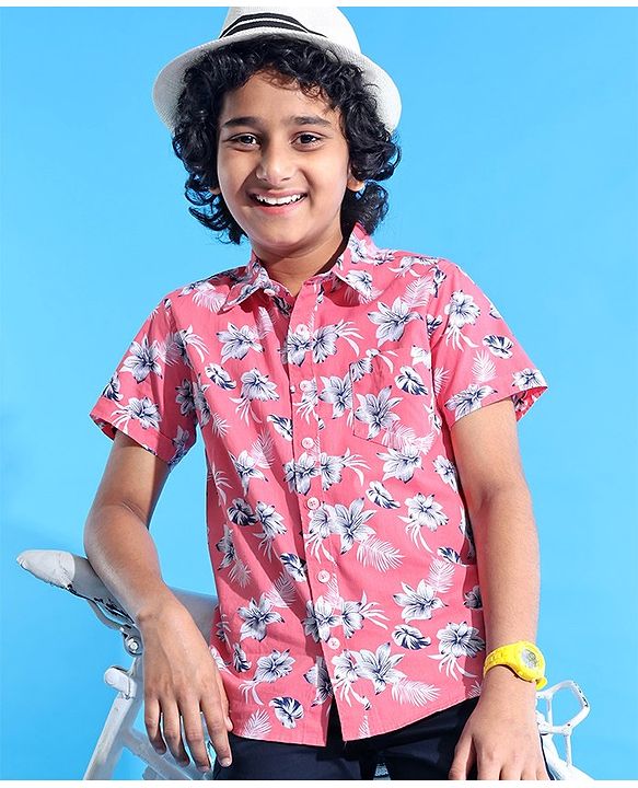 Pine Kids Cotton Half Sleeves Shirt Floral Print - Pink