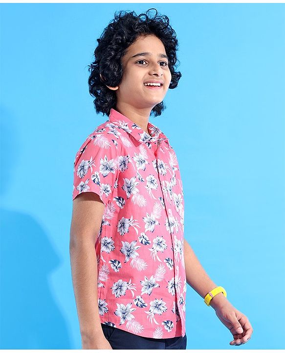 Pine Kids Cotton Half Sleeves Shirt Floral Print - Pink