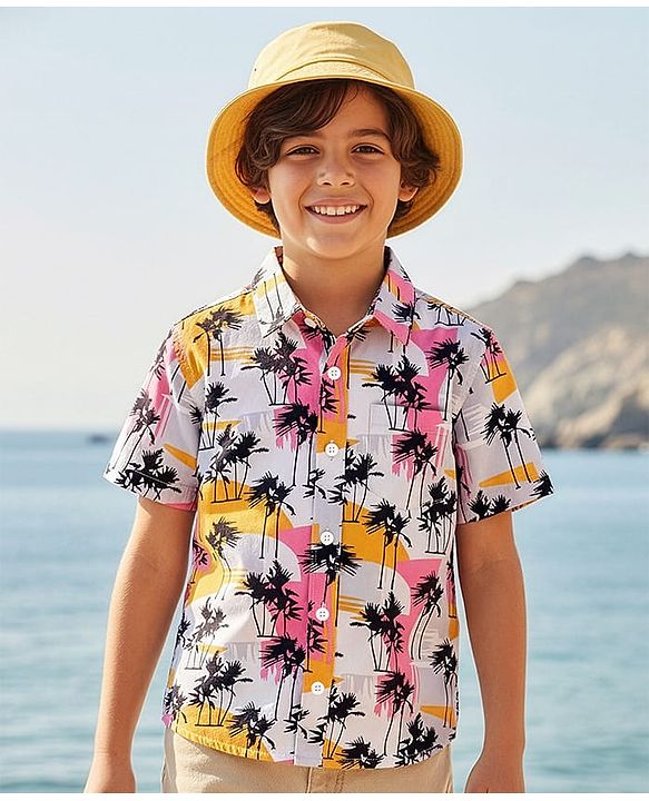 Pine Kids Cotton Woven Half Sleeves Shirt with Tree Print - Multicolour