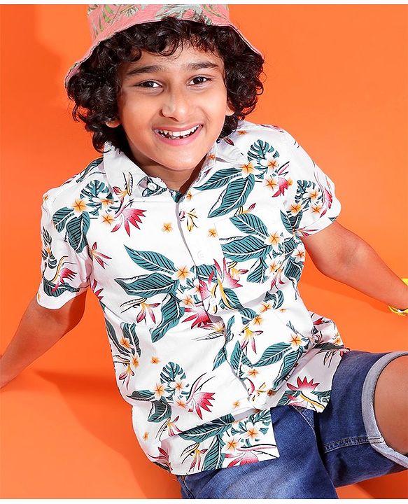 Pine Kids Cotton Woven Half Sleeves Shirt Floral Printed - White