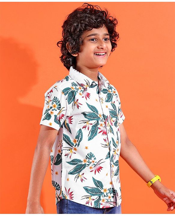 Pine Kids Cotton Woven Half Sleeves Shirt Floral Printed - White