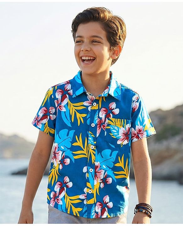 Pine Kids Cotton Woven Half Sleeves Shirt with Floral Print - Blue
