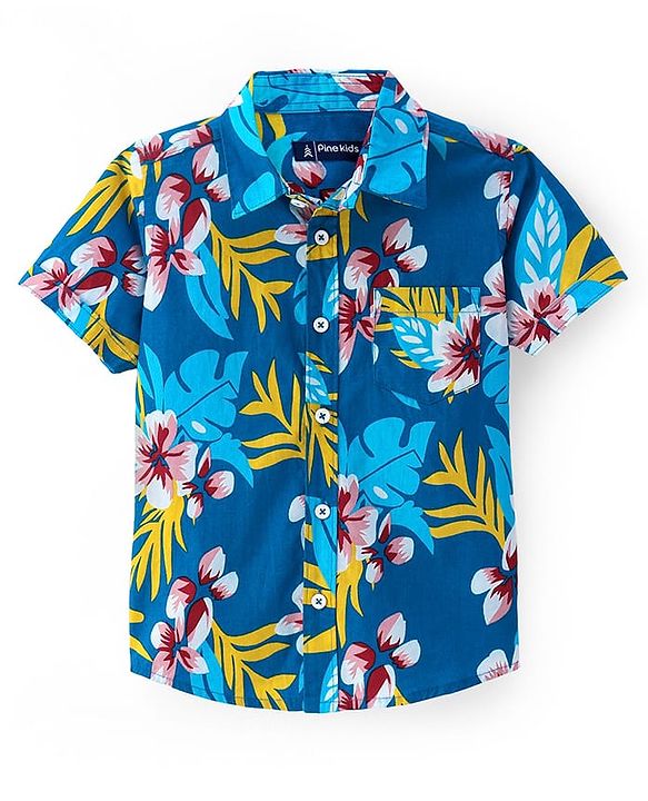 Pine Kids Cotton Woven Half Sleeves Shirt with Floral Print - Blue