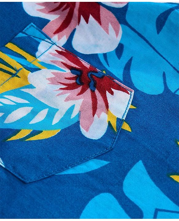 Pine Kids Cotton Woven Half Sleeves Shirt with Floral Print - Blue