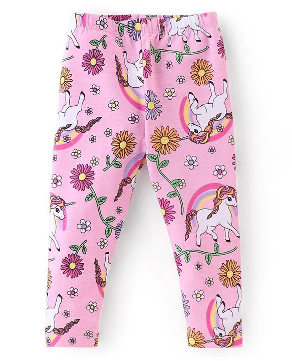 Babyhug Cotton Lycra Knit Full Length Leggings With Strech Unicorn Print Pack of 3 - Multicolor
