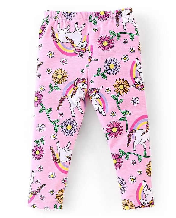 Babyhug Cotton Lycra Knit Full Length Leggings With Strech Unicorn Print Pack of 3 - Multicolor