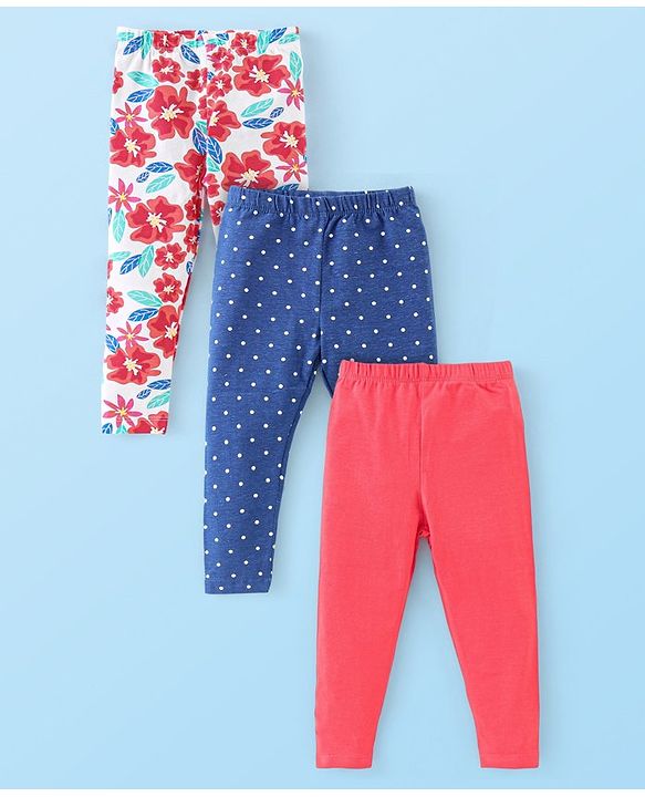 Babyhug Cotton Lycra Knit Full Length Leggings With Strech Floral Print Pack of 3 - Multicolor