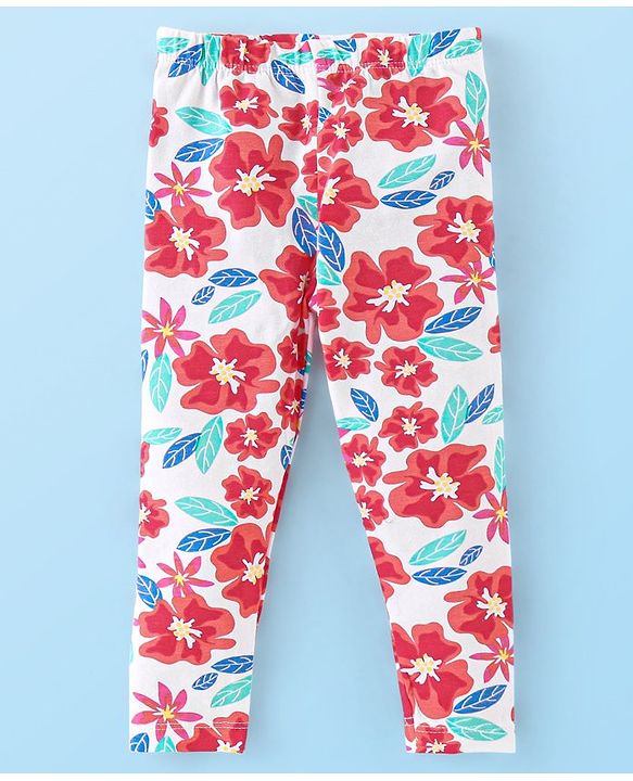Babyhug Cotton Lycra Knit Full Length Leggings With Strech Floral Print Pack of 3 - Multicolor