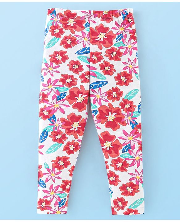 Babyhug Cotton Lycra Knit Full Length Leggings With Strech Floral Print Pack of 3 - Multicolor