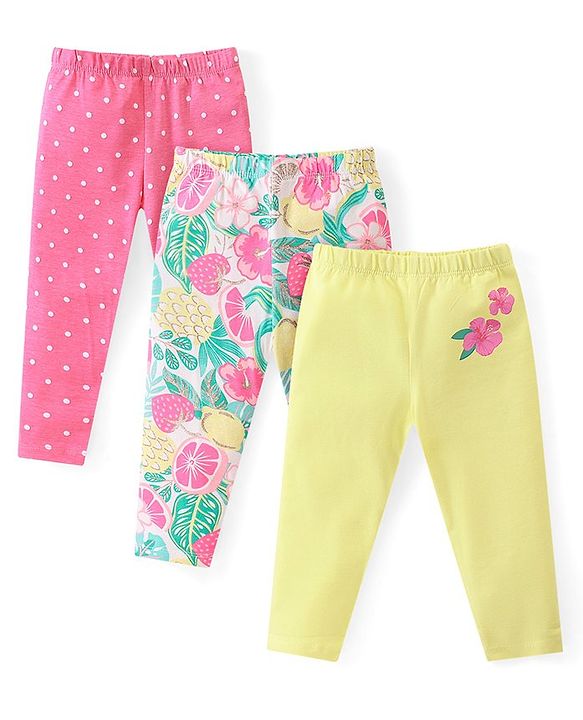 Babyhug Cotton Lycra Full Length Leggings with Floral & Polka Dots Print Pack of 3 - Pink Green & Yellow