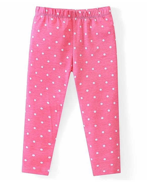 Babyhug Cotton Lycra Full Length Leggings with Floral & Polka Dots Print Pack of 3 - Pink Green & Yellow