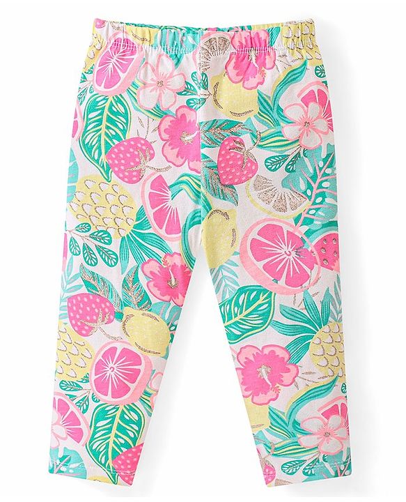 Babyhug Cotton Lycra Full Length Leggings with Floral & Polka Dots Print Pack of 3 - Pink Green & Yellow