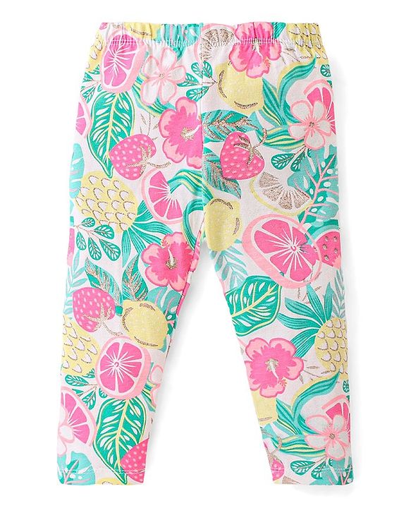 Babyhug Cotton Lycra Full Length Leggings with Floral & Polka Dots Print Pack of 3 - Pink Green & Yellow