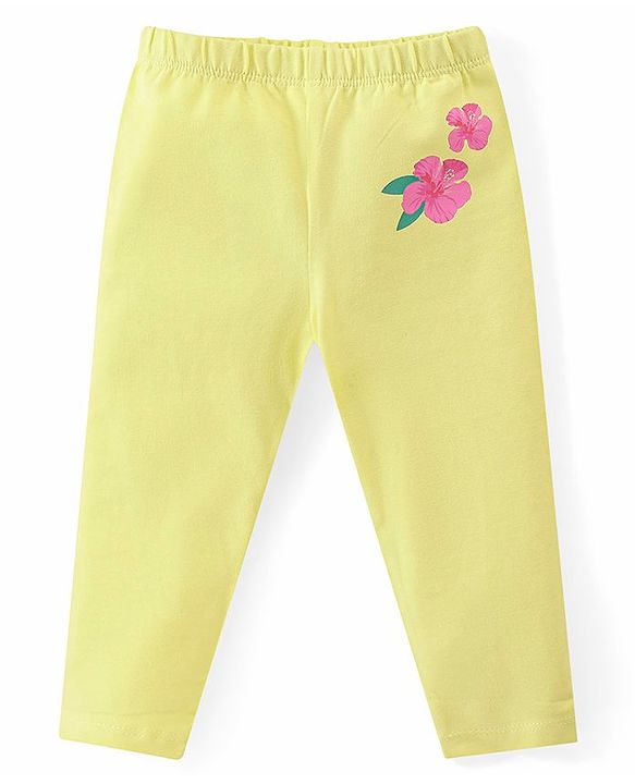 Babyhug Cotton Lycra Full Length Leggings with Floral & Polka Dots Print Pack of 3 - Pink Green & Yellow