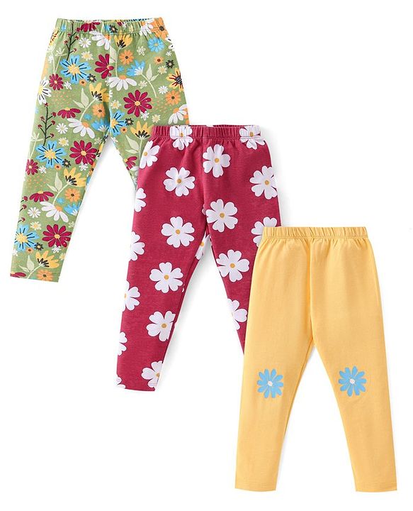 Babyhug Cotton Lycra Knit Full Length Stretchable Legging Floral Print Pack Of 3 - Green Red & Yellow
