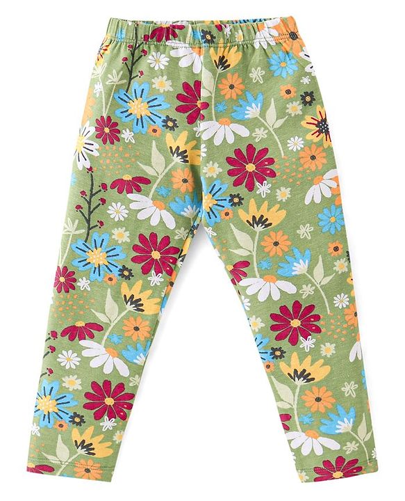 Babyhug Cotton Lycra Knit Full Length Stretchable Legging Floral Print Pack Of 3 - Green Red & Yellow