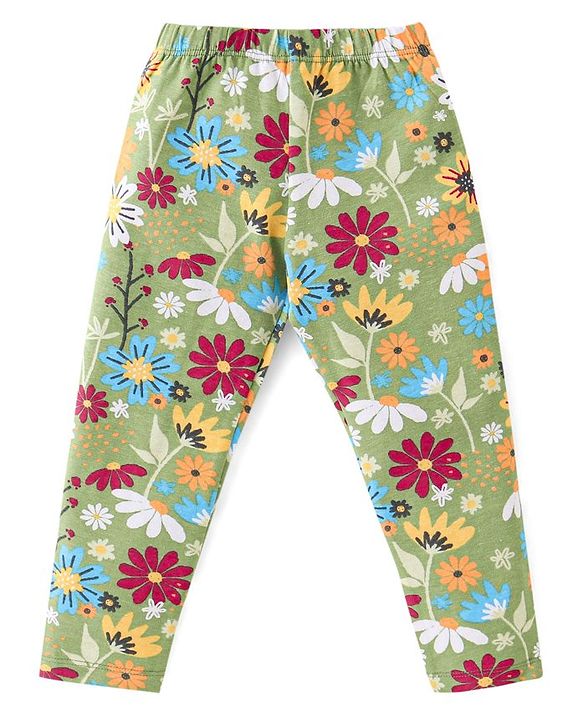 Babyhug Cotton Lycra Knit Full Length Stretchable Legging Floral Print Pack Of 3 - Green Red & Yellow