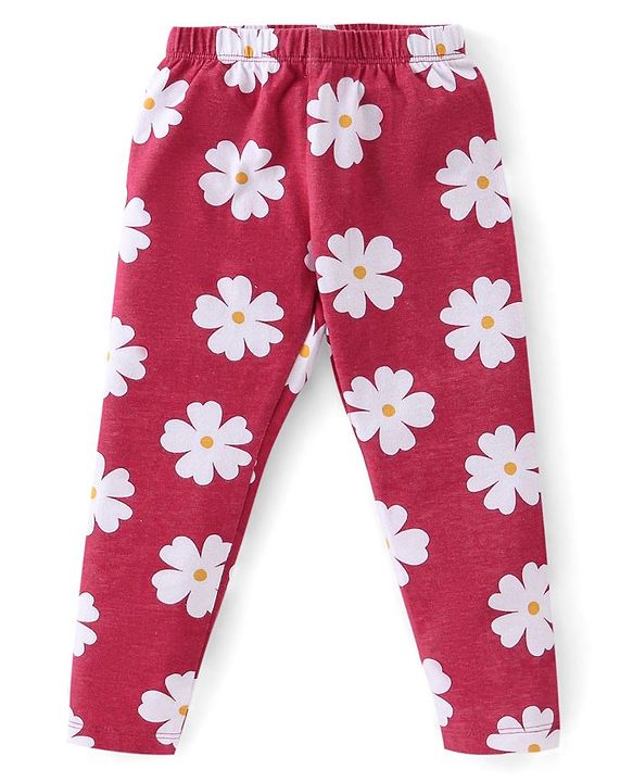 Babyhug Cotton Lycra Knit Full Length Stretchable Legging Floral Print Pack Of 3 - Green Red & Yellow