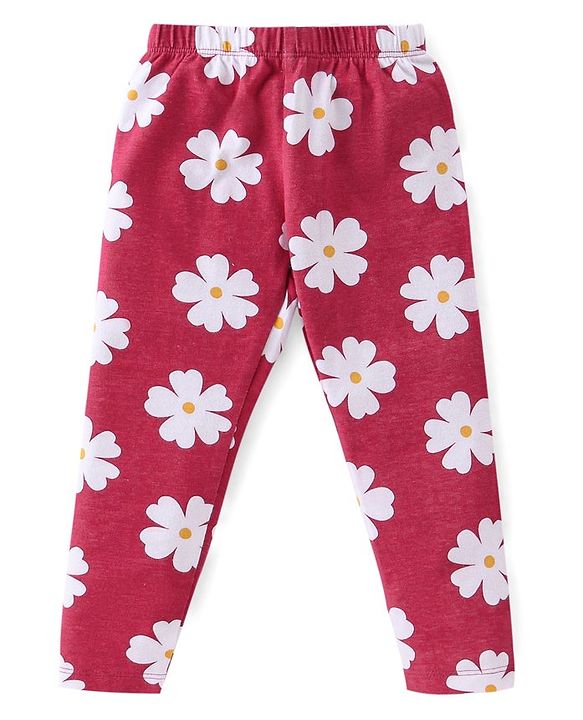 Babyhug Cotton Lycra Knit Full Length Stretchable Legging Floral Print Pack Of 3 - Green Red & Yellow