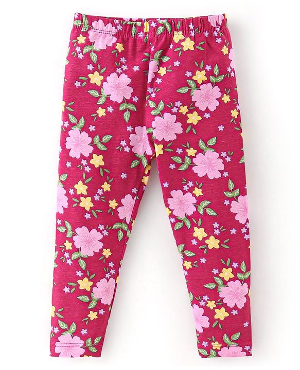 Babyhug Cotton Lycra Knit Full Length Leggings With Strech Floral Print Pack of 3 - Multicolor