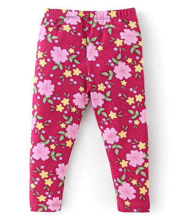 Babyhug Cotton Lycra Knit Full Length Leggings With Strech Floral Print Pack of 3 - Multicolor