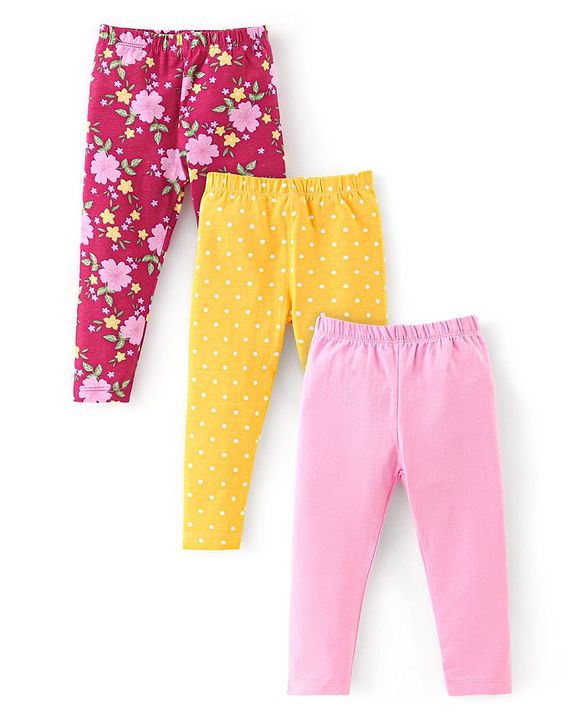 Babyhug Cotton Lycra Knit Full Length Leggings With Strech Floral Print Pack of 3 - Multicolor