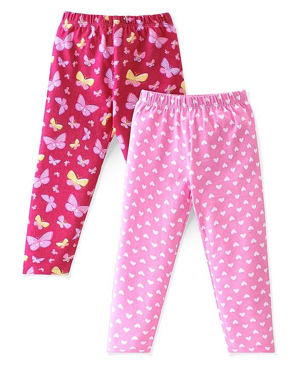 Babyhug Cotton Lycra Knit Full Length Leggings Butterfly & Dot Print Pack of 2- Multicolour