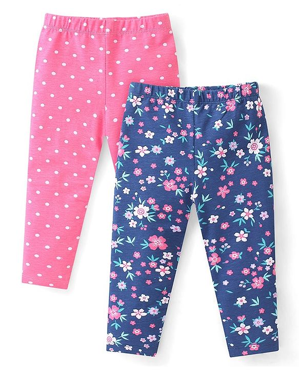 Babyhug Cotton Lycra Full Length Leggings with Floral & Polka Dots Print Pack Of 2 - Pink & Navy Blue