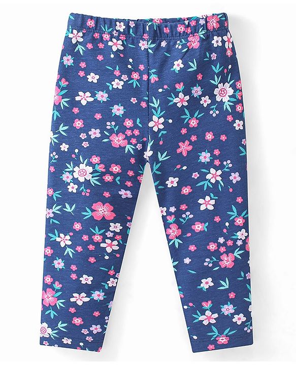 Babyhug Cotton Lycra Full Length Leggings with Floral & Polka Dots Print Pack Of 2 - Pink & Navy Blue