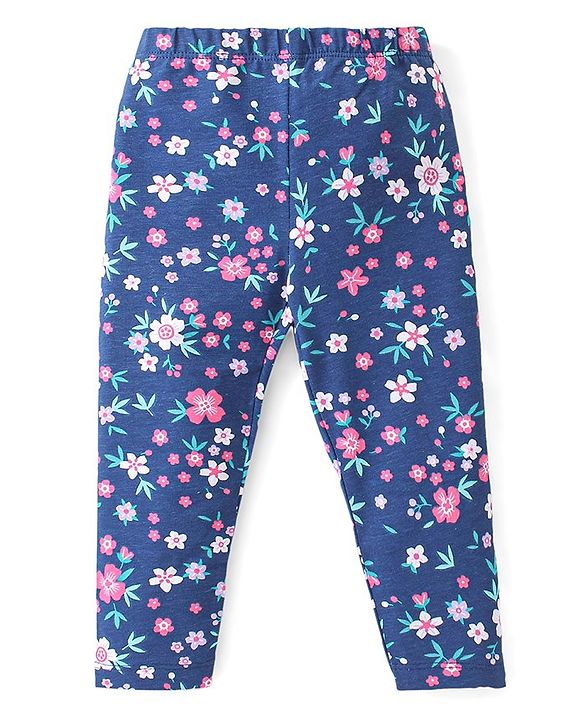 Babyhug Cotton Lycra Full Length Leggings with Floral & Polka Dots Print Pack Of 2 - Pink & Navy Blue