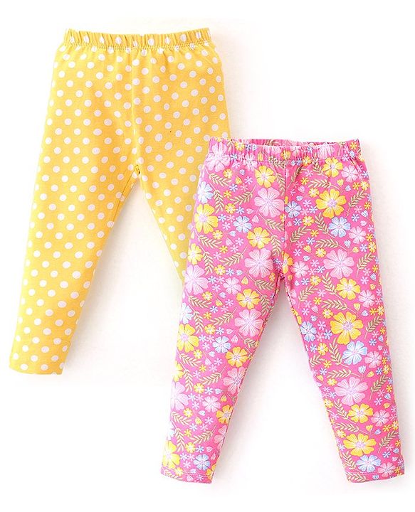 Babyhug Cotton Lycra Knit Full Length Leggings With Strech Floral Print Pack of 2 - Pink & Yellow