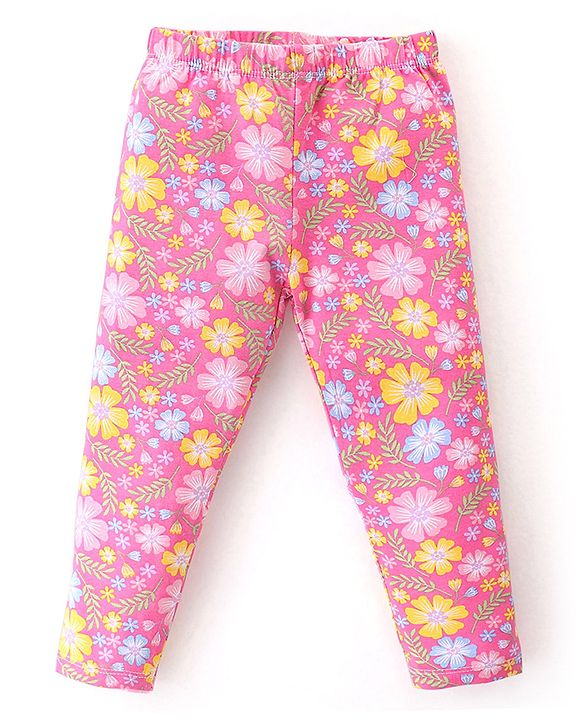 Babyhug Cotton Lycra Knit Full Length Leggings With Strech Floral Print Pack of 2 - Pink & Yellow