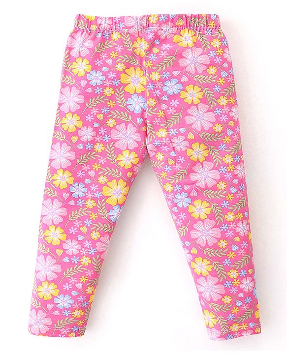 Babyhug Cotton Lycra Knit Full Length Leggings With Strech Floral Print Pack of 2 - Pink & Yellow