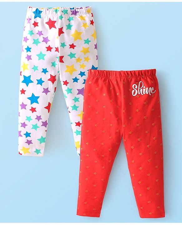 Babyhug Cotton Lycra Full Length Leggings Star & Text Print Pack of 2 - Multicolour