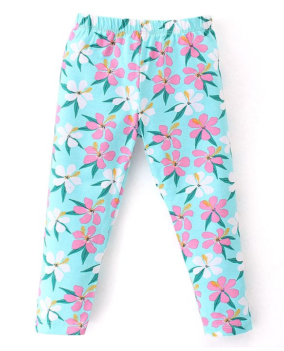 Babyhug Cotton Lycra Knit Full Length Leggings With Strech Floral Print Pack of 2 - Pink & Blue