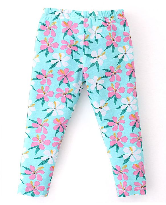 Babyhug Cotton Lycra Knit Full Length Leggings With Strech Floral Print Pack of 2 - Pink & Blue