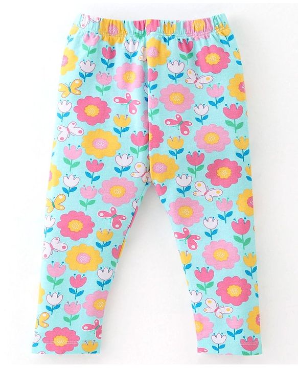 Babyhug Cotton Lycra Full Length Leggings Floral Printed - Pink & Blue