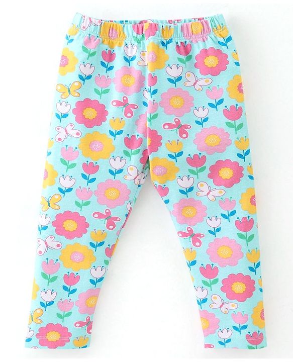 Babyhug Cotton Lycra Full Length Leggings Floral Printed - Pink & Blue