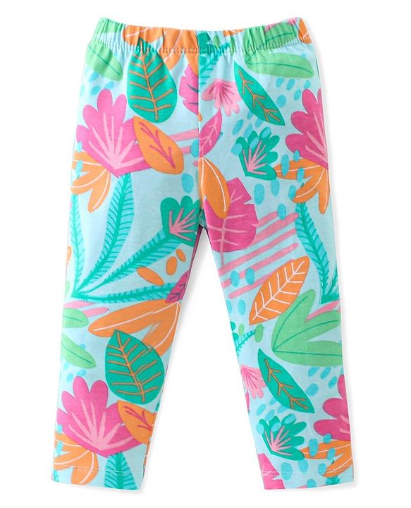Babyhug Cotton Lycra Full Length Leggings Leaves Printed - Pink & Blue