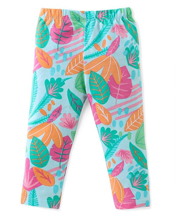 Babyhug Cotton Lycra Full Length Leggings Leaves Printed - Pink & Blue