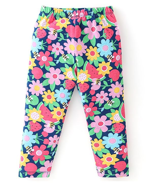 Babyhug Cotton Lycra Full Length Leggings Floral Printed - Pink & Blue